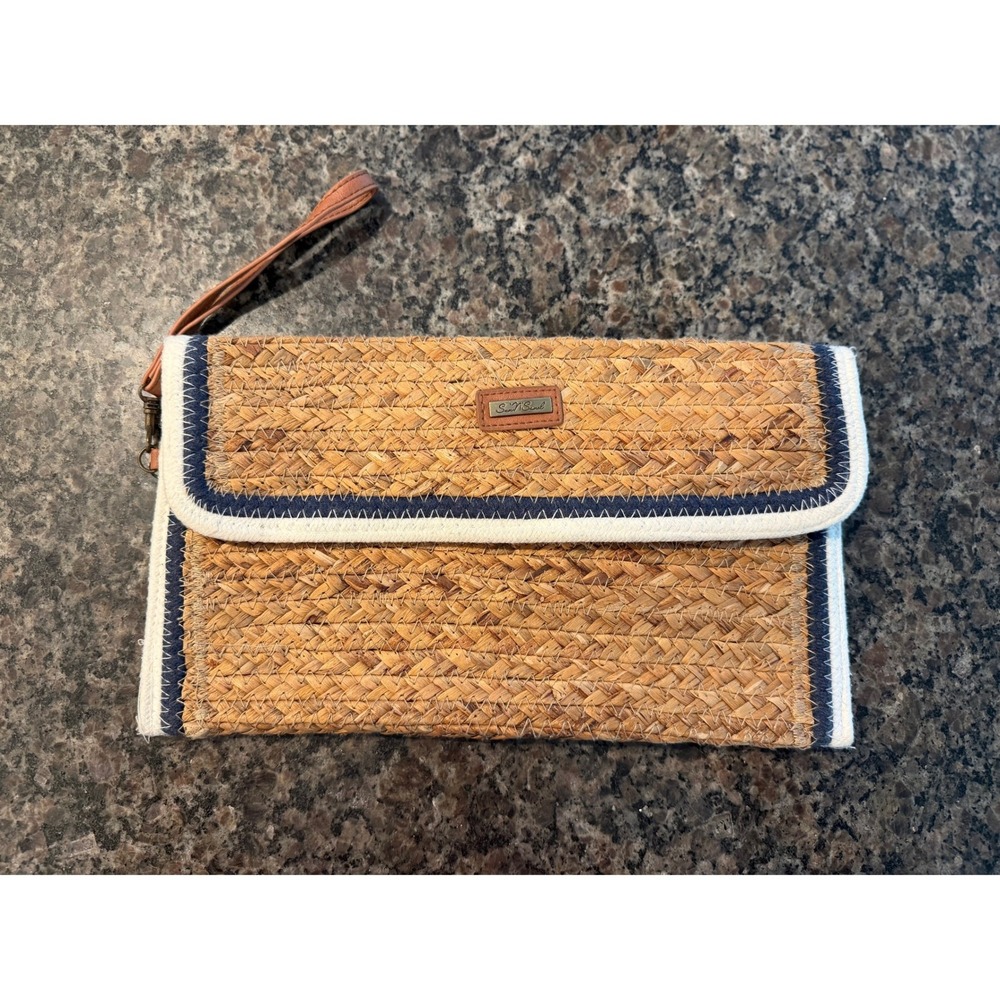 Sun‎ N Sand Accessories Woven Straw Wristlet Clutch Navy White Trim Boho Coastal